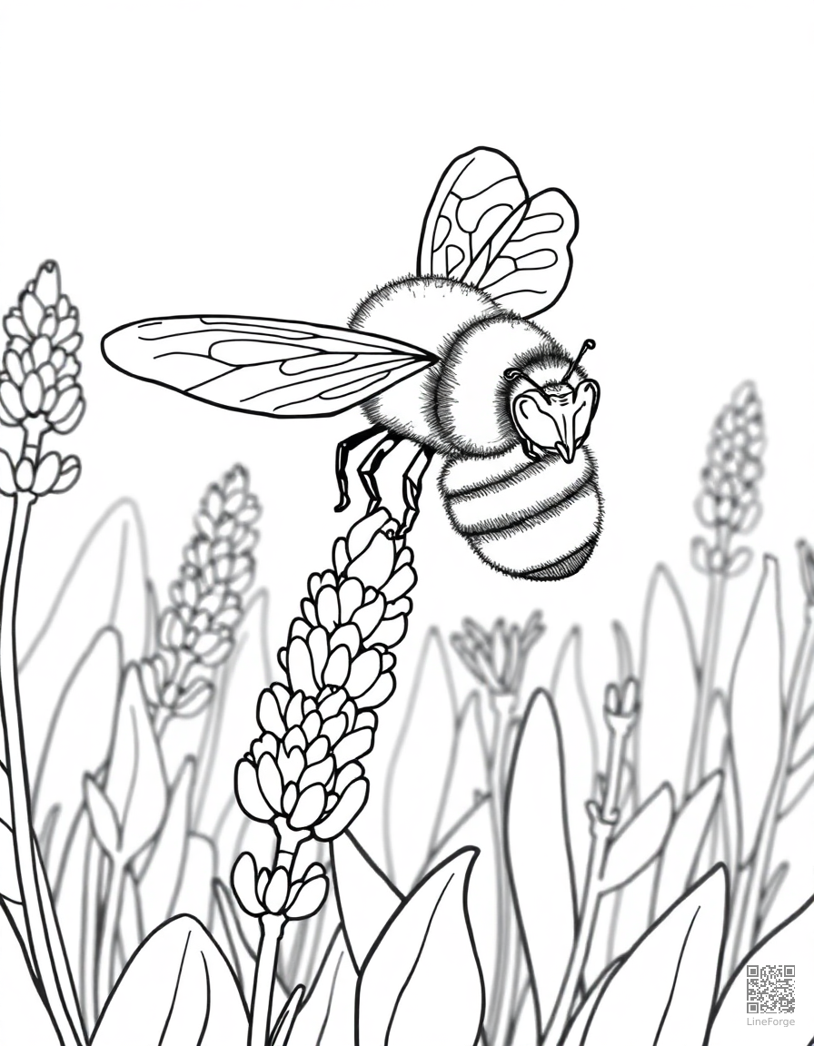 A bee collecting nectar from a field of lavender coloring page Contour style free printable