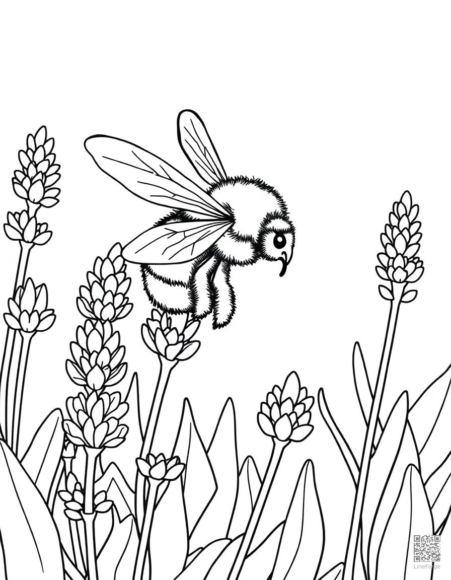 A bee collecting nectar from a field of lavender coloring page Contour style free printable
