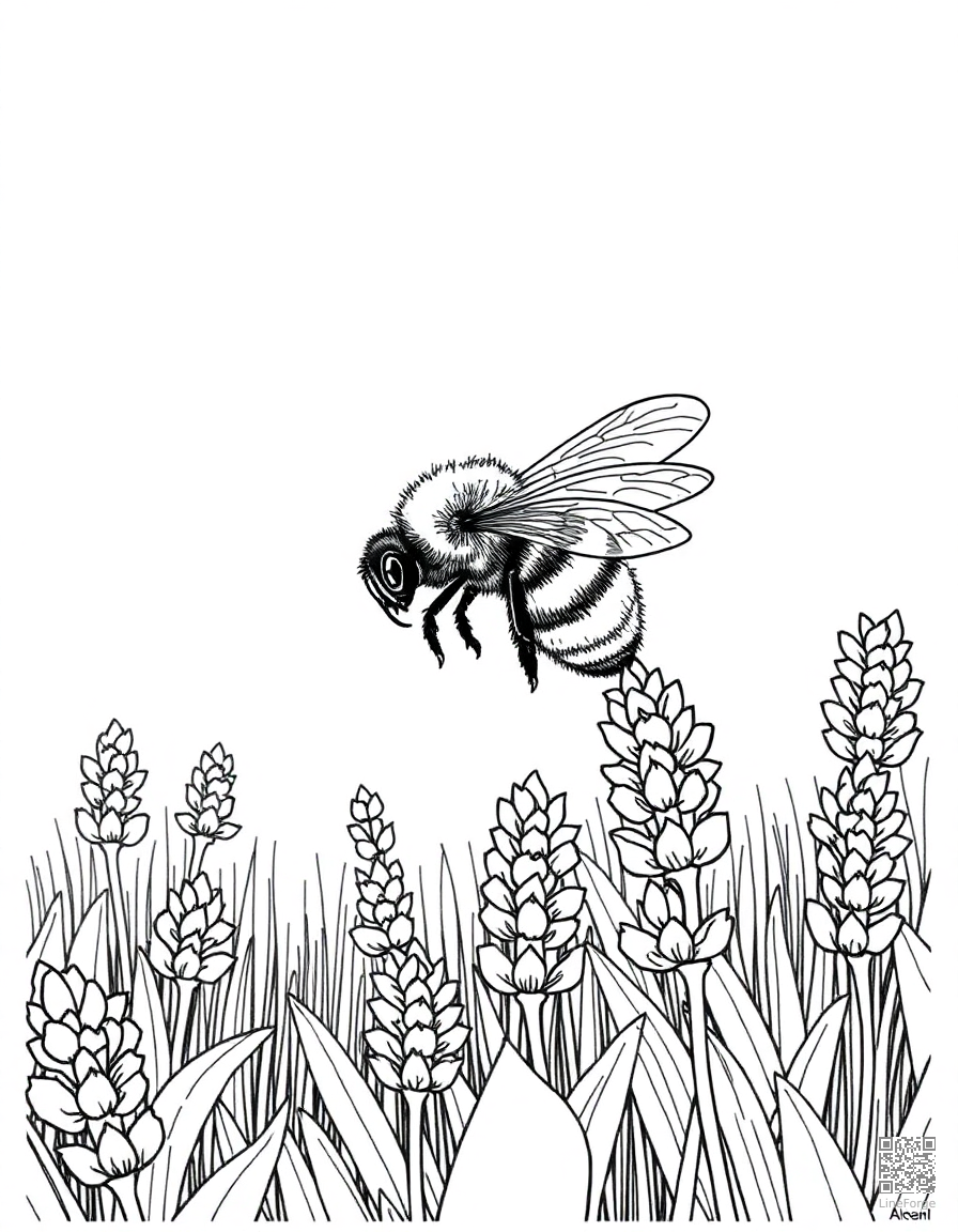 A bee collecting nectar from a field of lavender coloring page Crosshatch style free printable