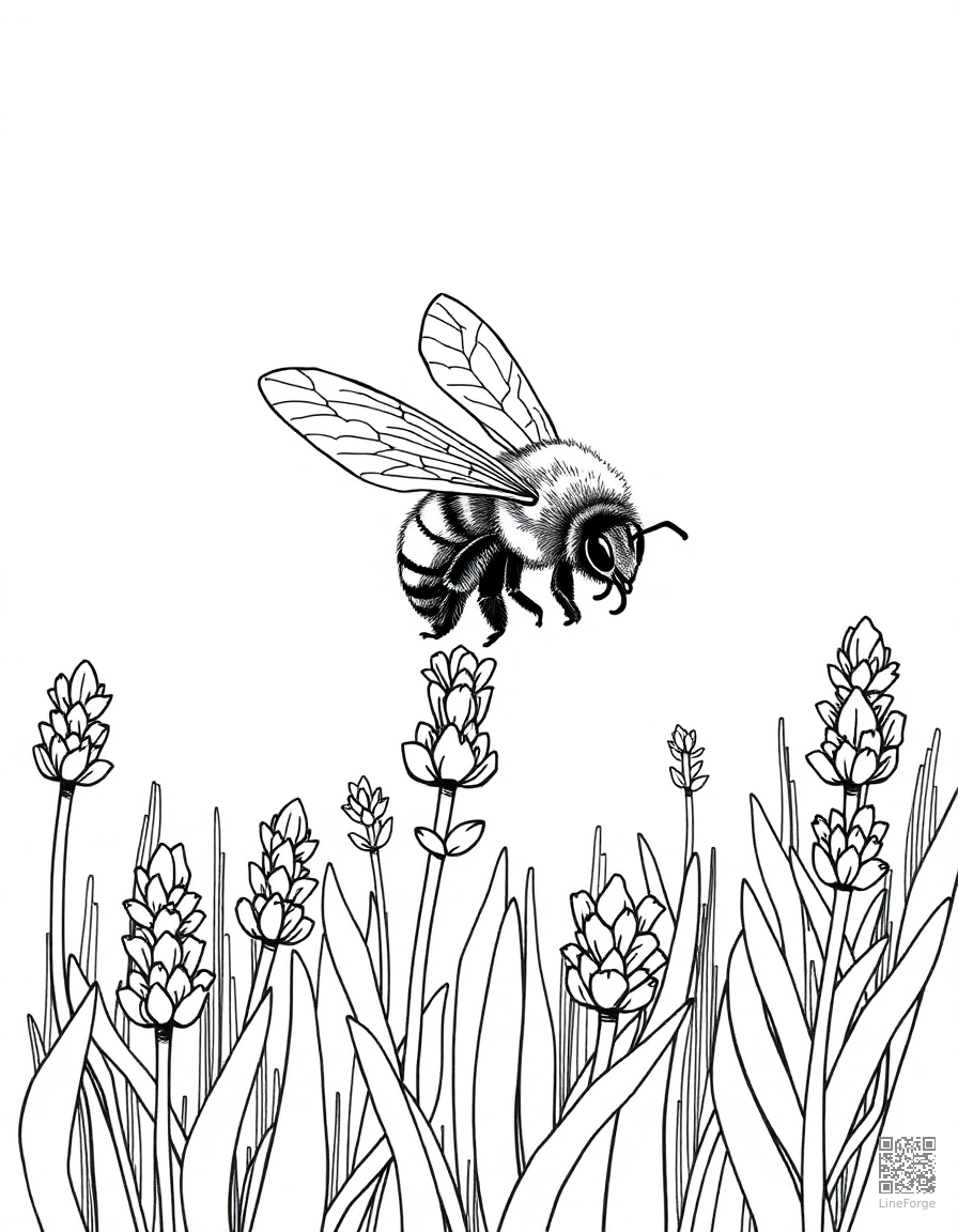 A bee collecting nectar from a field of lavender coloring page Crosshatch style free printable