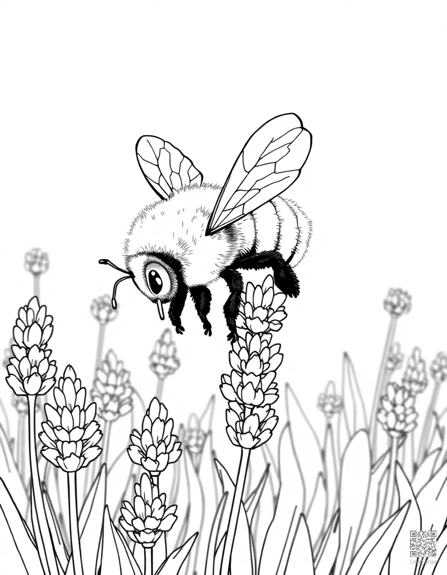 A bee collecting nectar from a field of lavender coloring page Manga style free printable
