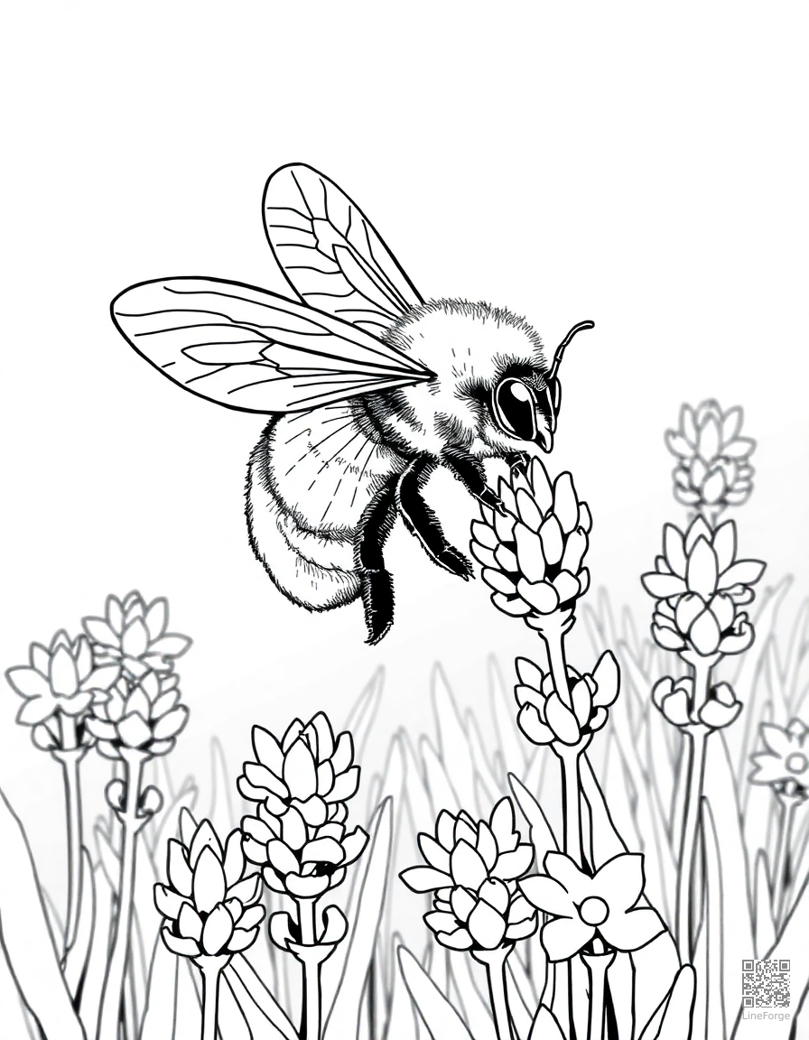 A bee collecting nectar from a field of lavender coloring page Manga style free printable