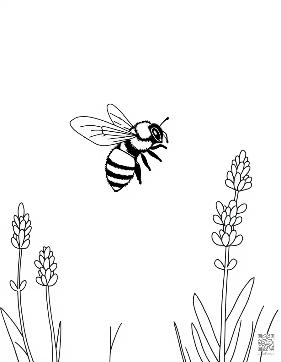 Free a bee collecting nectar from a field of lavender coloring page in minimal style — printable line art