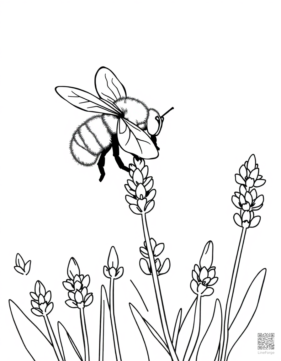 Free a bee collecting nectar from a field of lavender coloring page in minimal style — printable line art