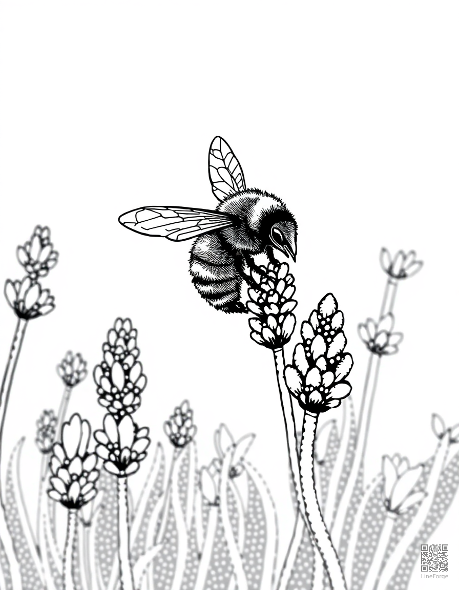 A bee collecting nectar from a field of lavender coloring page Stipple style free printable