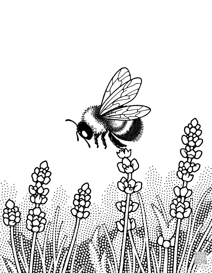 A bee collecting nectar from a field of lavender coloring page Stipple style free printable