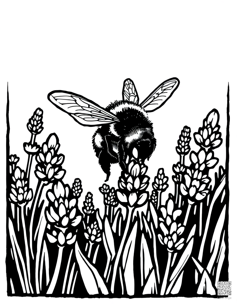 A bee collecting nectar from a field of lavender coloring page Woodcut style free printable