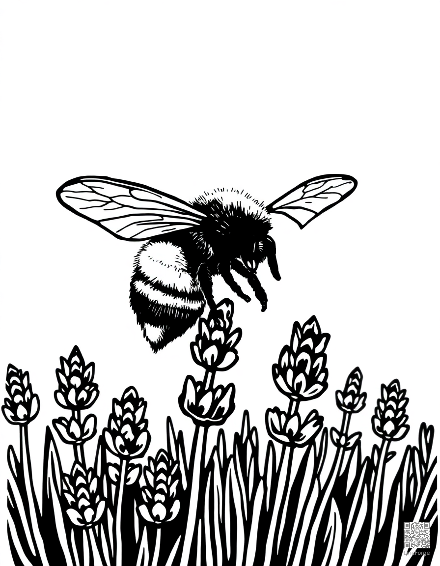 A bee collecting nectar from a field of lavender coloring page Woodcut style free printable