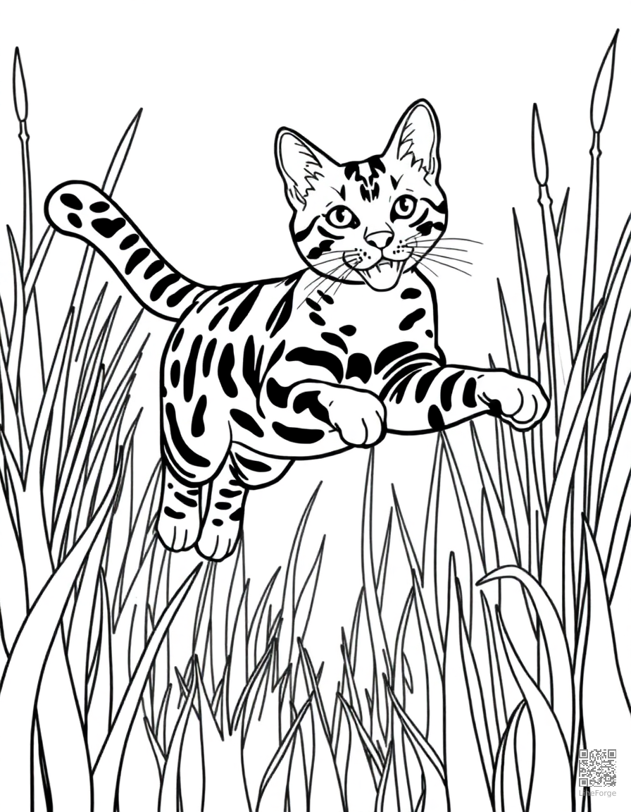 A bengal cat leaping through tall grass coloring page Contour style - free printable