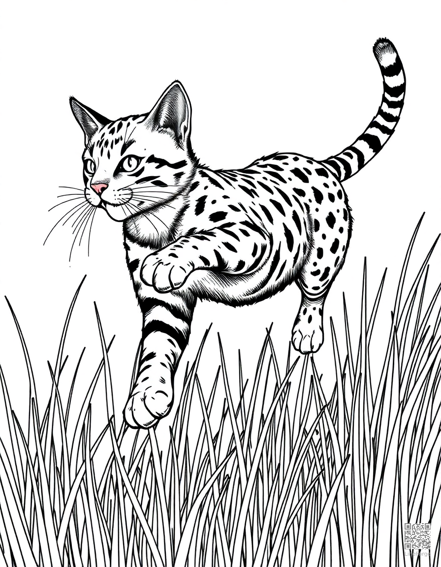 A bengal cat leaping through tall grass coloring page Crosshatch style - free printable