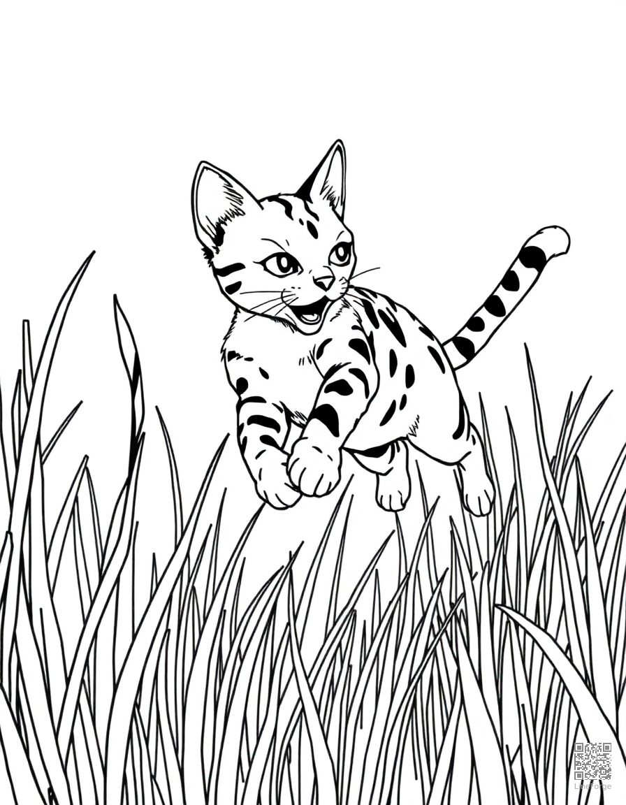 A bengal cat leaping through tall grass coloring page Manga style - free printable