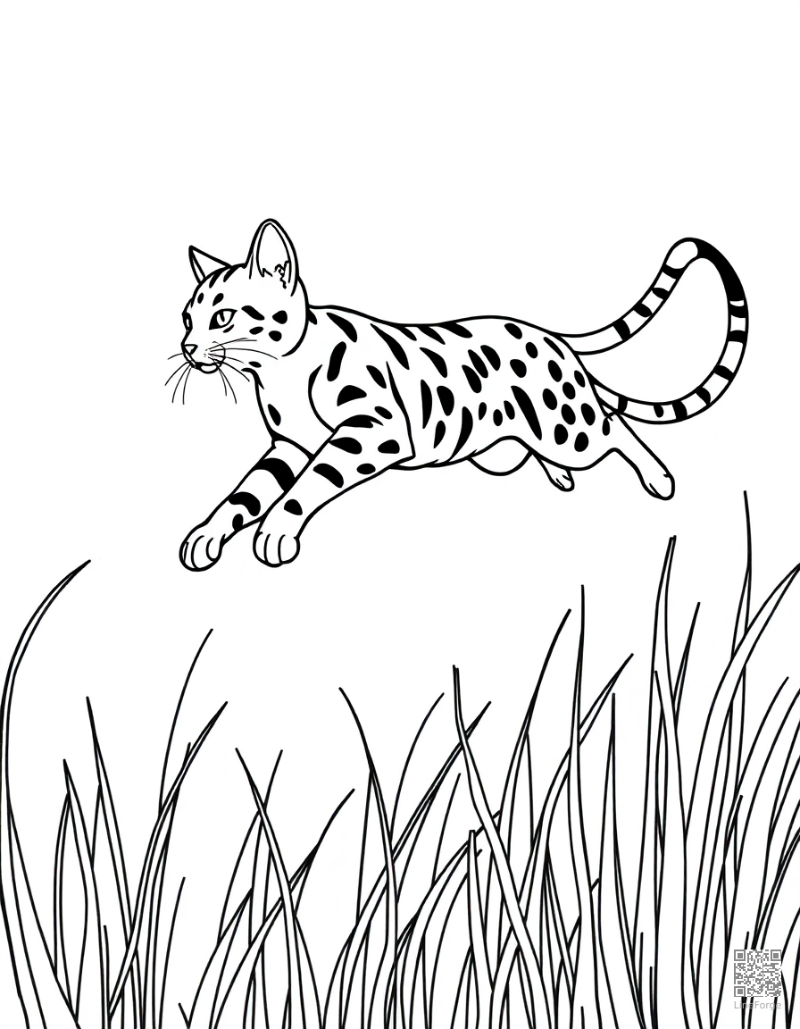 A bengal cat leaping through tall grass coloring page Minimal style - free printable