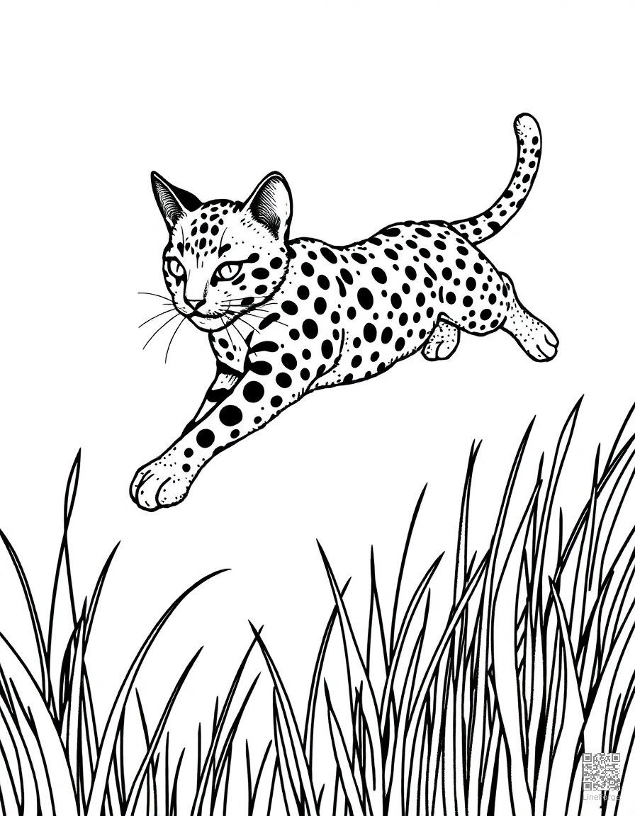 A bengal cat leaping through tall grass coloring page Stipple style - free printable