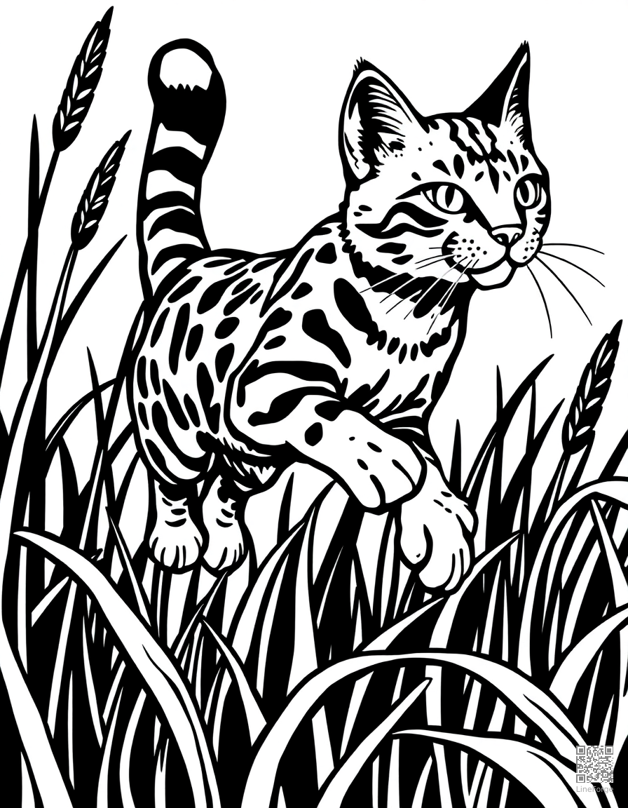 A bengal cat leaping through tall grass coloring page Woodcut style - free printable