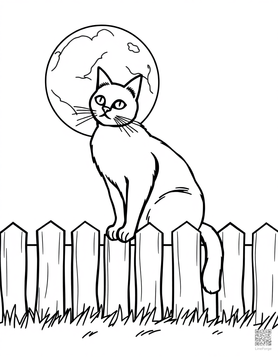 A black cat sitting on a fence under a full moon coloring page Contour style - free printable