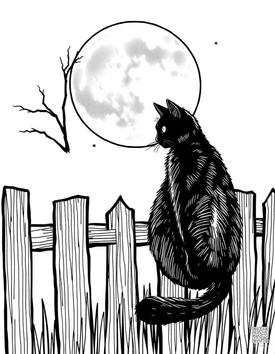 A black cat sitting on a fence under a full moon coloring page Crosshatch style - free printable