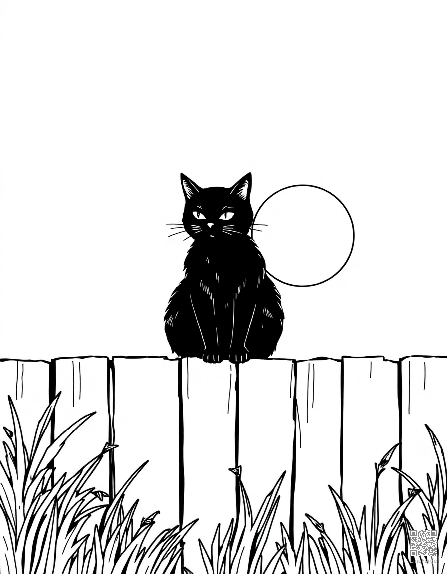 Free a black cat sitting on a fence under a full moon coloring page in manga style — printable line art