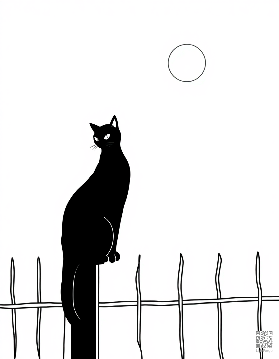 A black cat sitting on a fence under a full moon coloring page Minimal style - free printable
