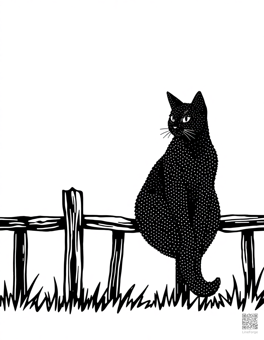 Free a black cat sitting on a fence under a full moon coloring page in stipple style — printable line art