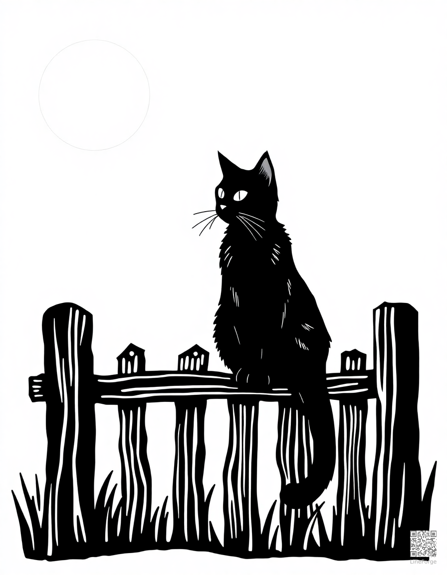 A black cat sitting on a fence under a full moon coloring page Woodcut style - free printable