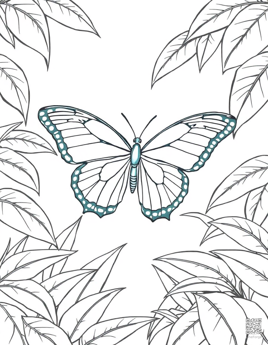 A blue morpho butterfly in a tropical rainforest coloring page Contour style - free printable