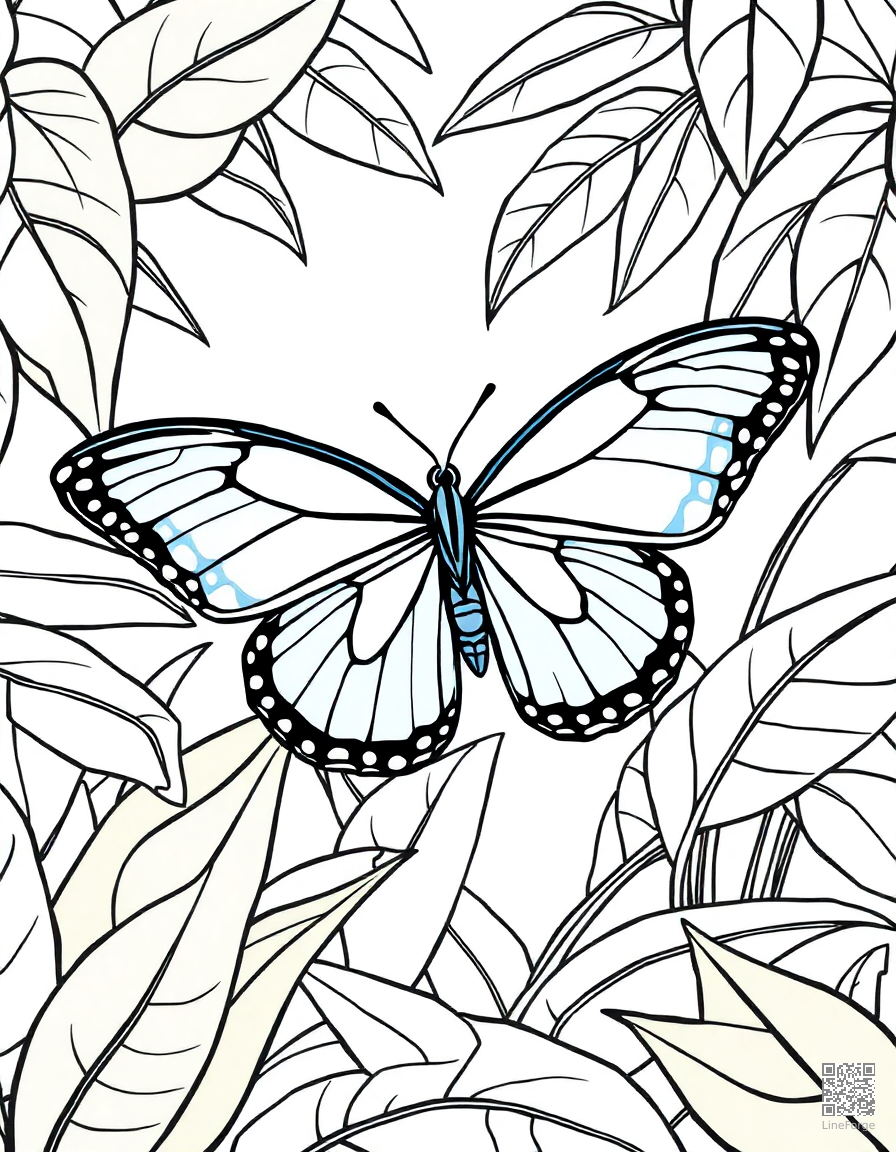 A blue morpho butterfly in a tropical rainforest coloring page Contour style - free printable