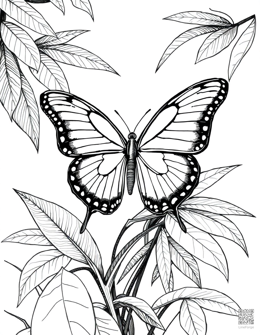 A blue morpho butterfly in a tropical rainforest coloring page Crosshatch style free printable