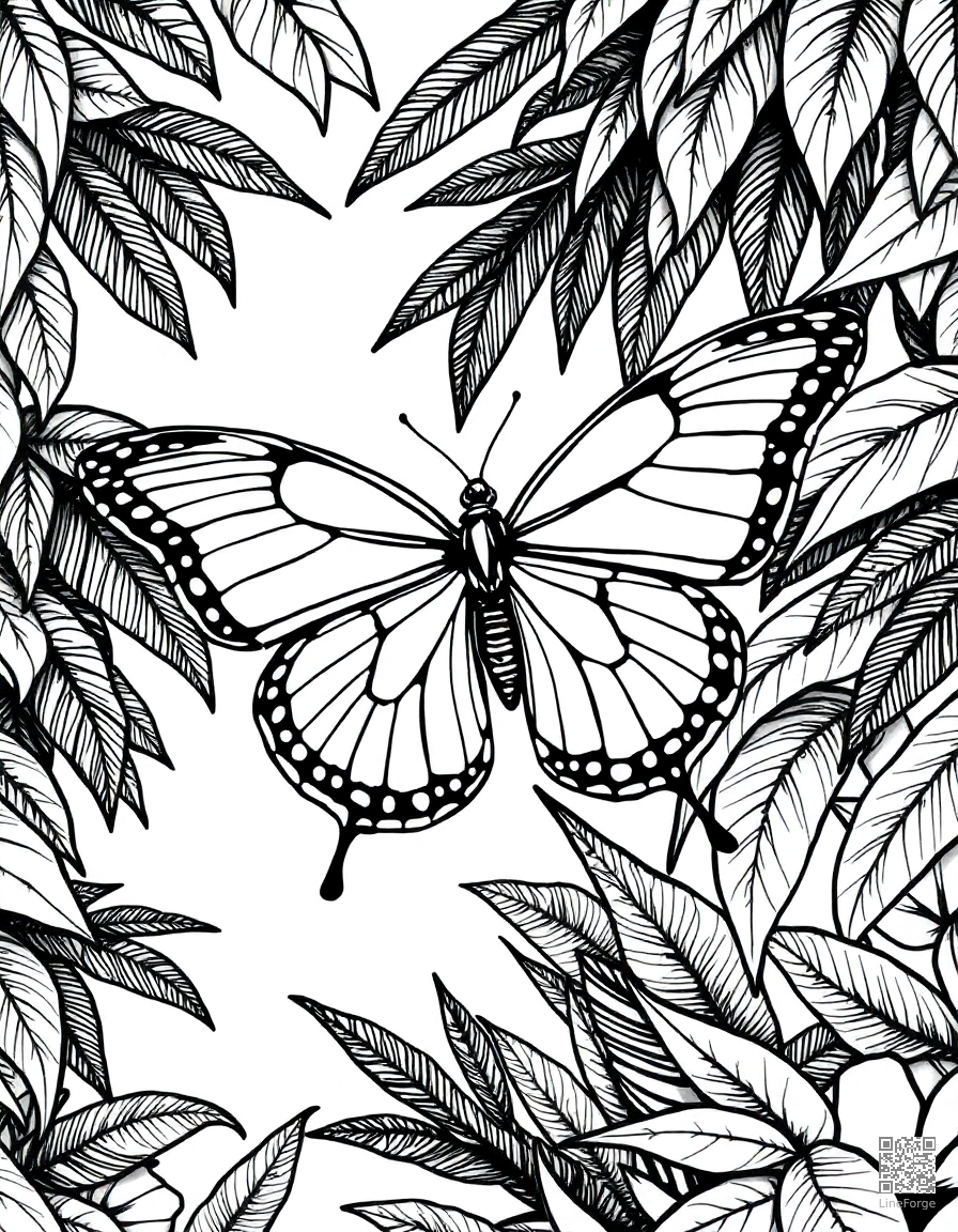 A blue morpho butterfly in a tropical rainforest coloring page Crosshatch style free printable