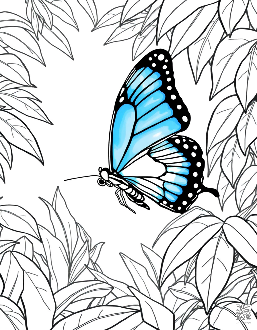 A blue morpho butterfly in a tropical rainforest coloring page Manga style free printable