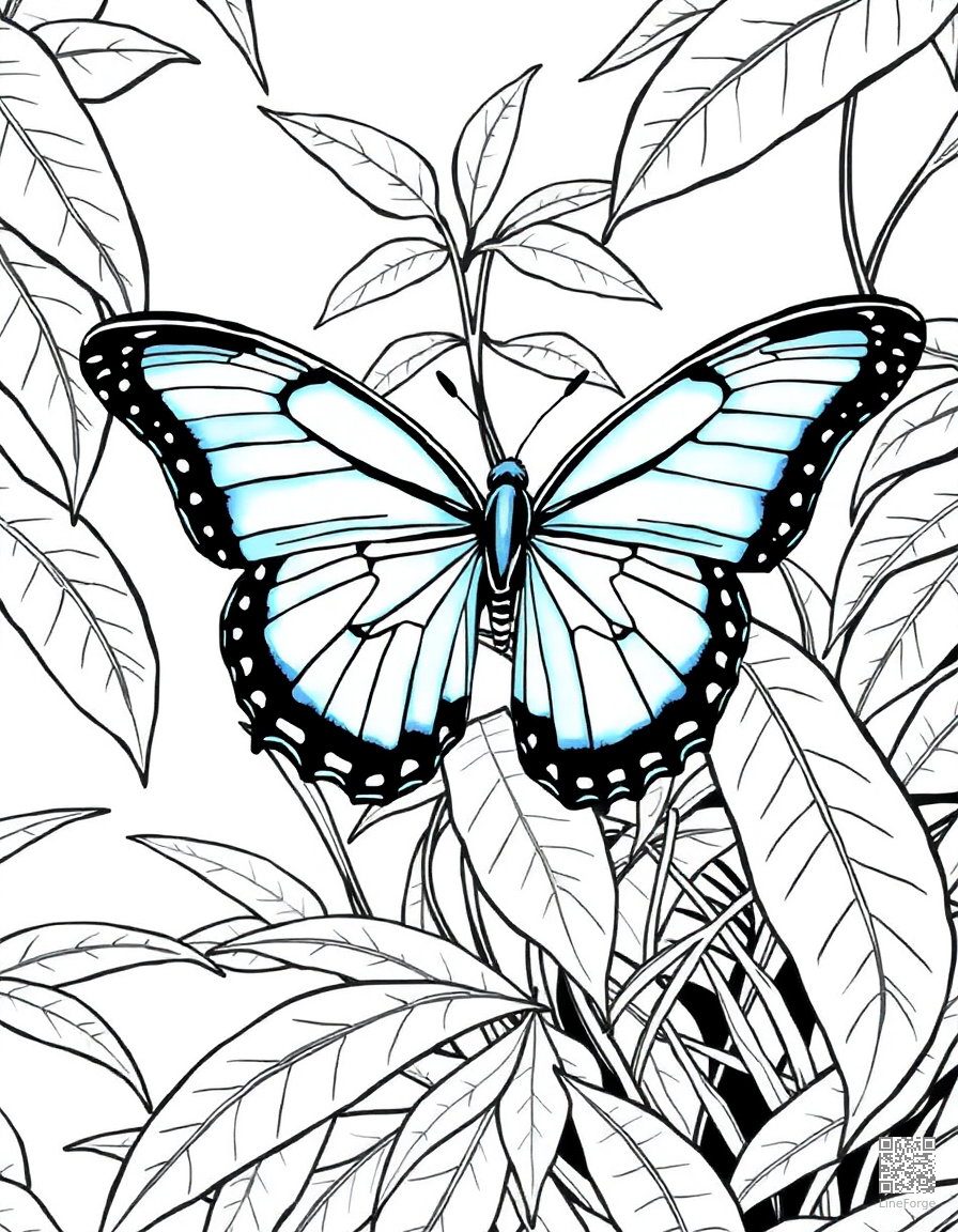 A blue morpho butterfly in a tropical rainforest coloring page Manga style free printable