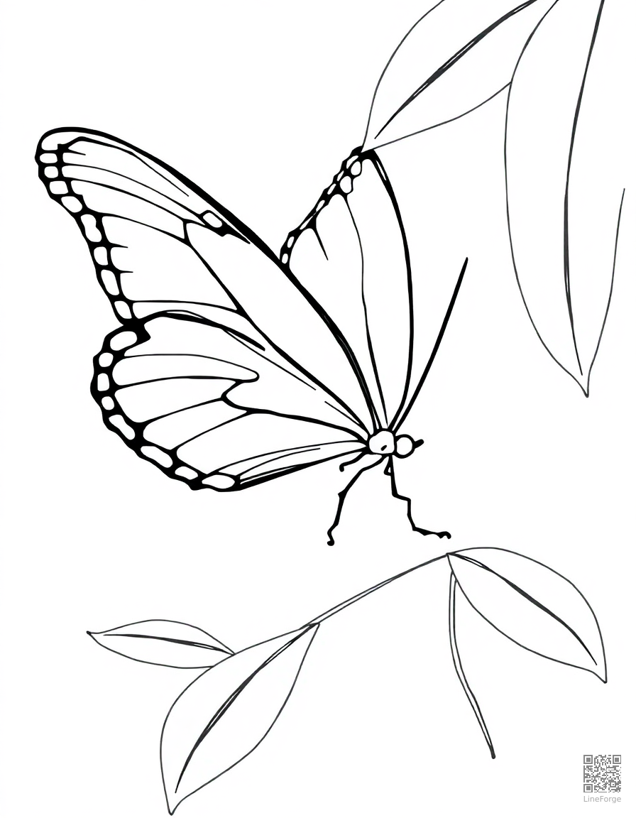 Free a blue morpho butterfly in a tropical rainforest coloring page in minimal style — printable line art