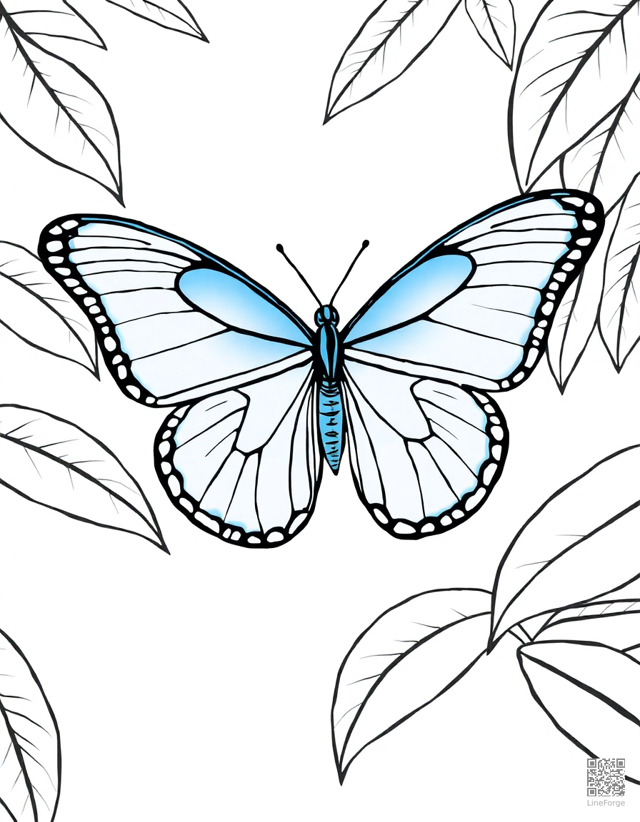 Free a blue morpho butterfly in a tropical rainforest coloring page in minimal style — printable line art