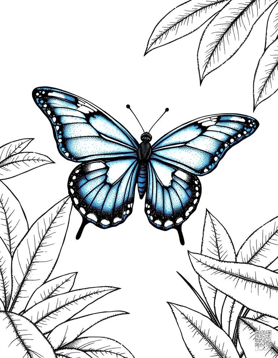 A blue morpho butterfly in a tropical rainforest coloring page Stipple style free printable
