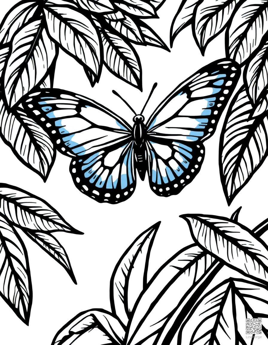 A blue morpho butterfly in a tropical rainforest coloring page Woodcut style free printable