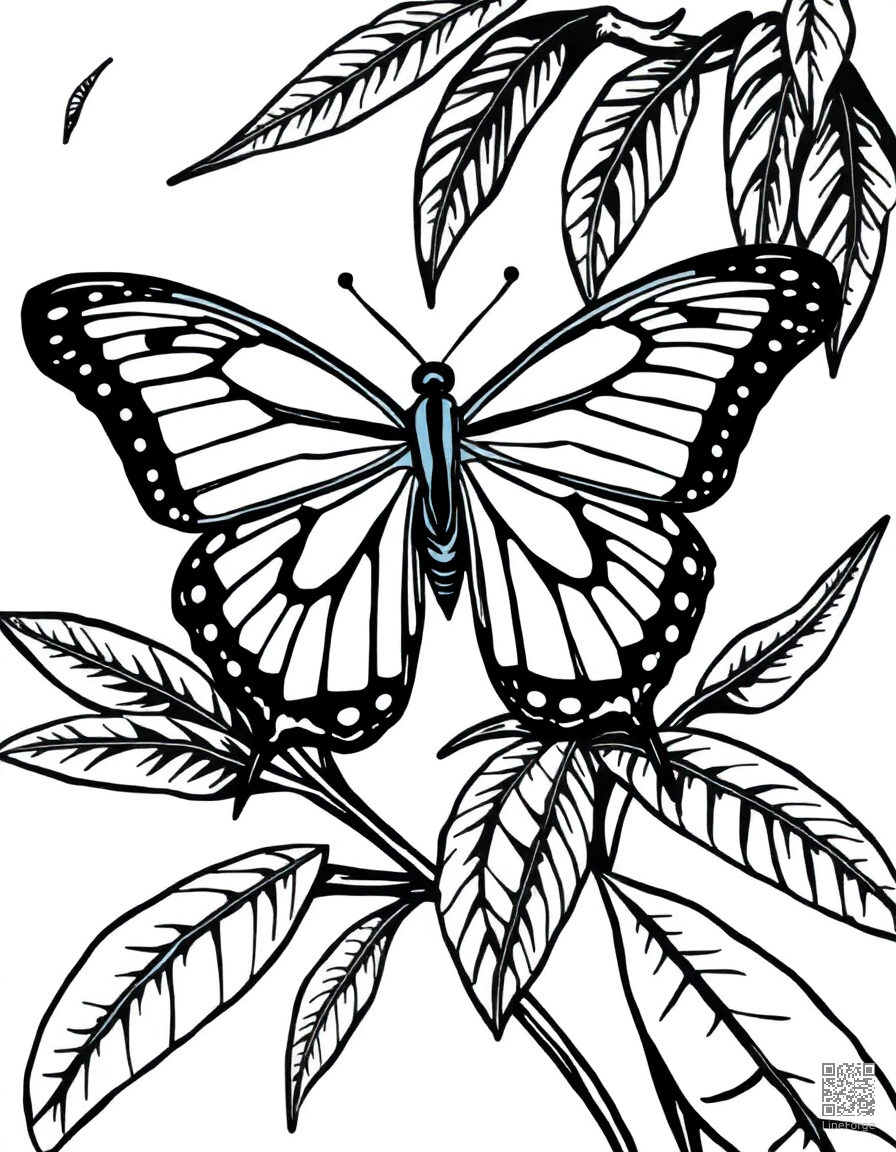 A blue morpho butterfly in a tropical rainforest coloring page Woodcut style free printable
