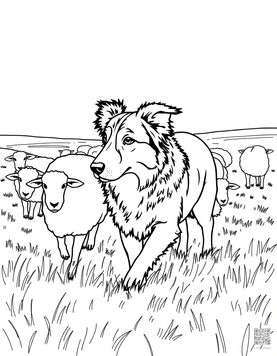 A border collie herding sheep in a green field coloring page Contour style - free printable