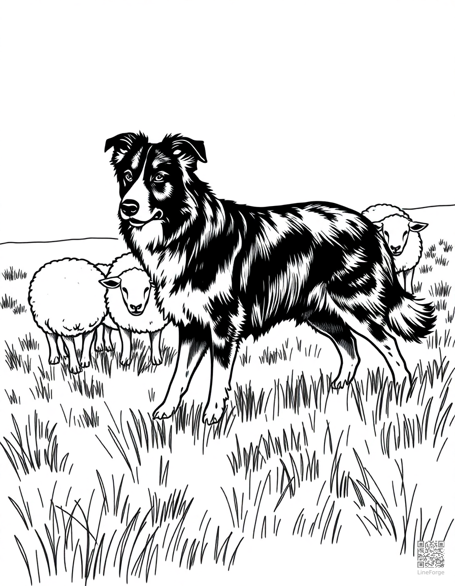 A border collie herding sheep in a green field coloring page Crosshatch style - free printable