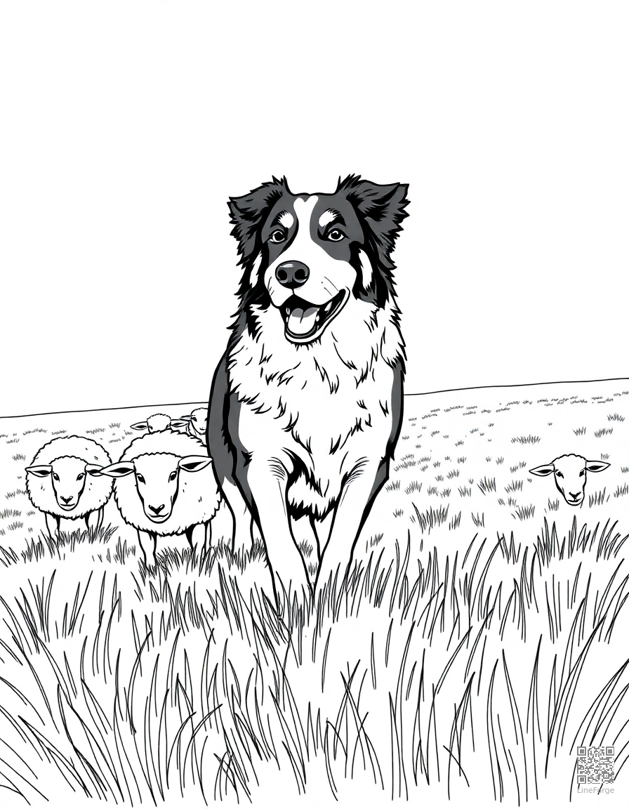 A border collie herding sheep in a green field coloring page Manga style - free printable