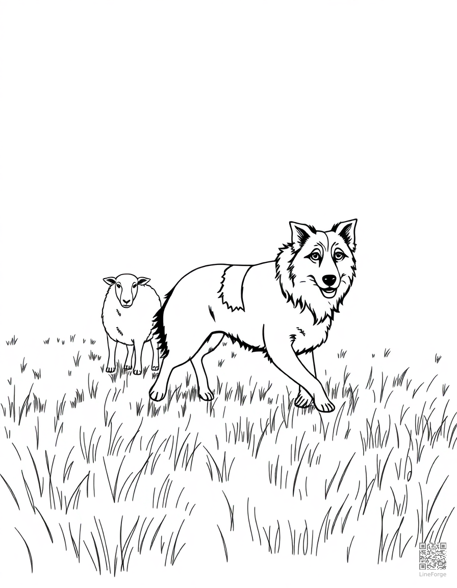 A border collie herding sheep in a green field coloring page Minimal style - free printable