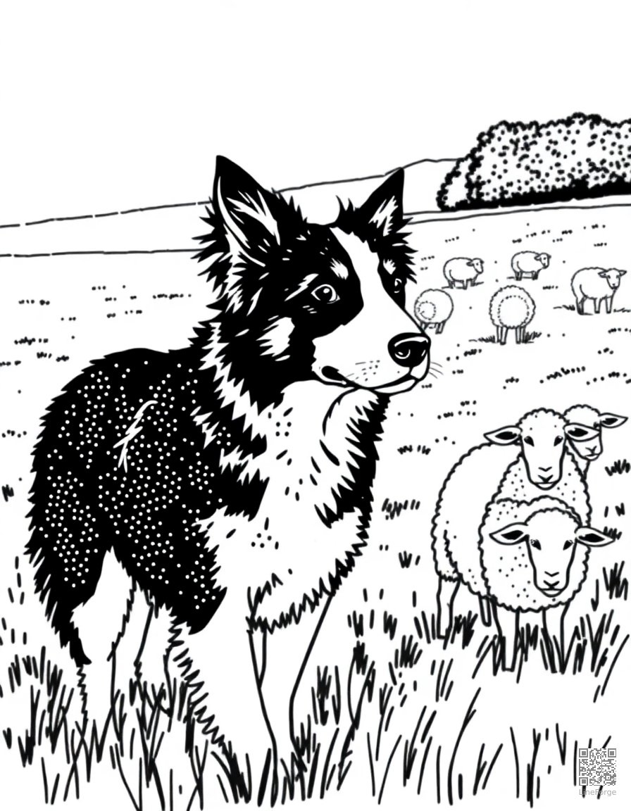 A border collie herding sheep in a green field coloring page Stipple style - free printable