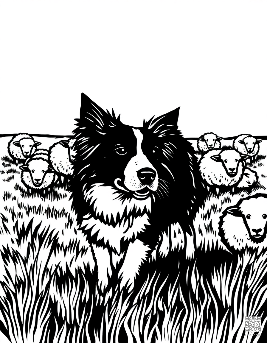 A border collie herding sheep in a green field coloring page Woodcut style - free printable