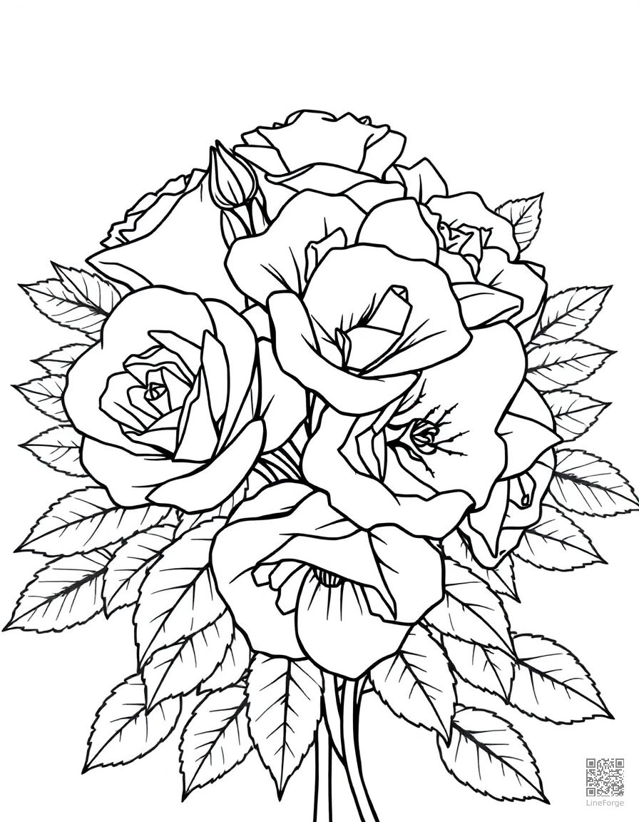 Free a bouquet of roses with thorns and leaves coloring page in contour style — printable line art
