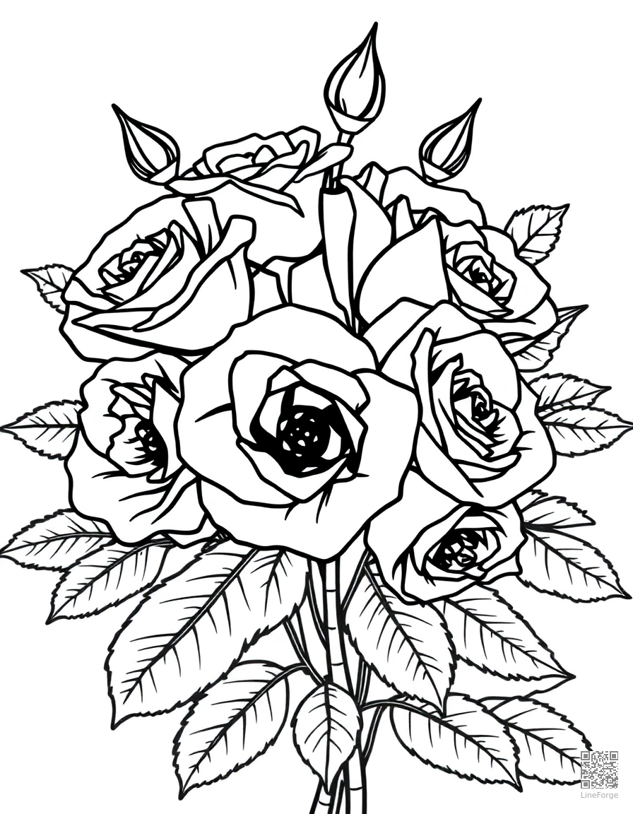 Free a bouquet of roses with thorns and leaves coloring page in contour style — printable line art