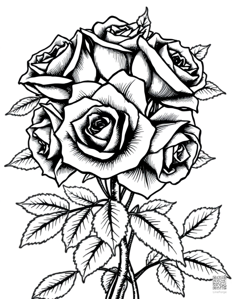 A bouquet of roses with thorns and leaves coloring page Crosshatch style - free printable