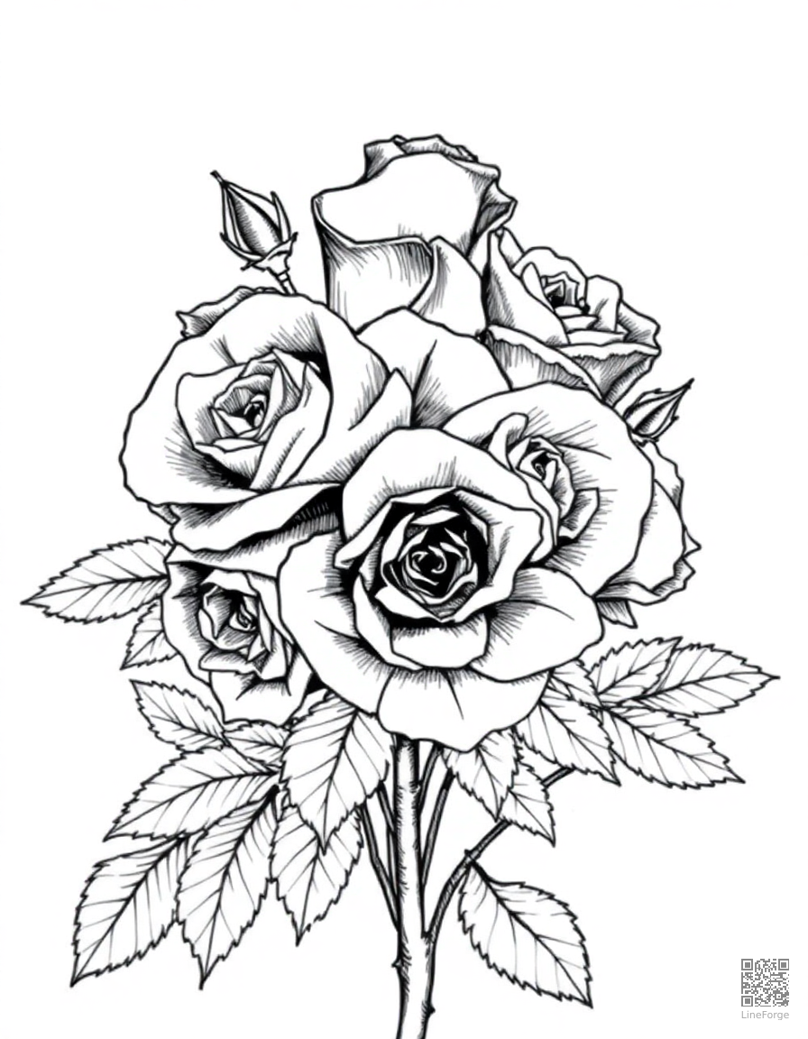 A bouquet of roses with thorns and leaves coloring page Crosshatch style - free printable
