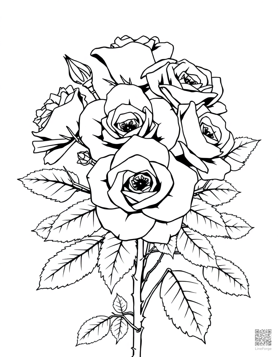 A bouquet of roses with thorns and leaves coloring page Manga style free printable