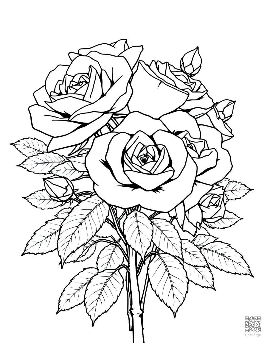 Free a bouquet of roses with thorns and leaves coloring page in manga style — printable line art