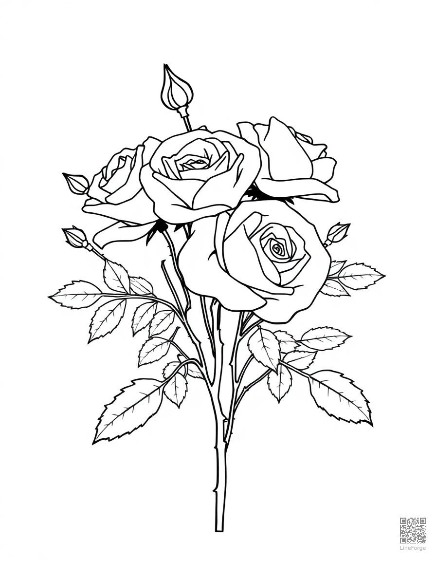 A bouquet of roses with thorns and leaves coloring page Minimal style - free printable