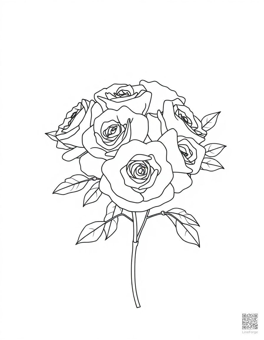 Free a bouquet of roses with thorns and leaves coloring page in minimal style — printable line art