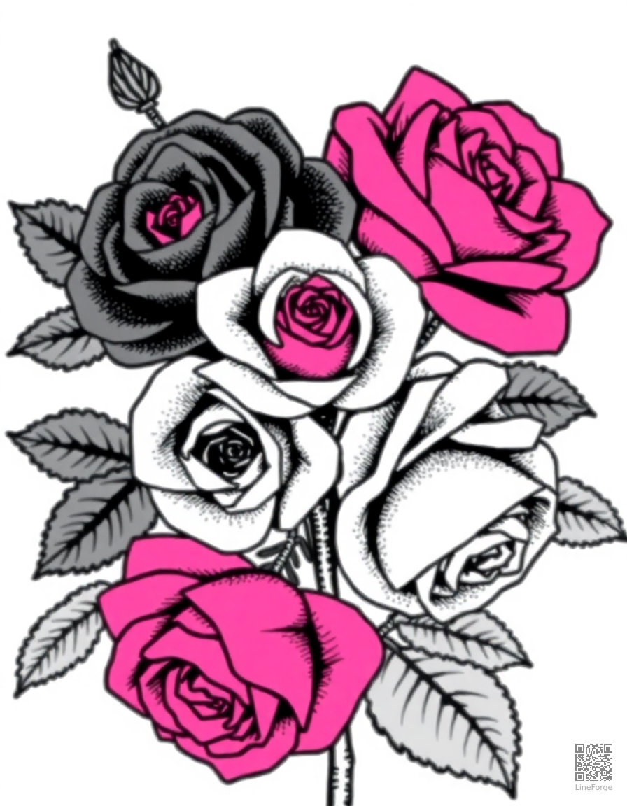 Free a bouquet of roses with thorns and leaves coloring page in stipple style — printable line art